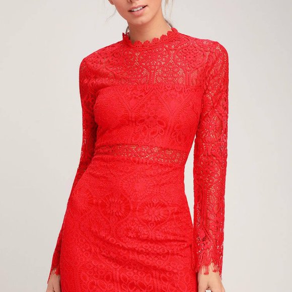 Lulus Appetite for Seduction Red Lace Long Sleeve Dress Women's Size XS H13441 - Picture 12 of 12